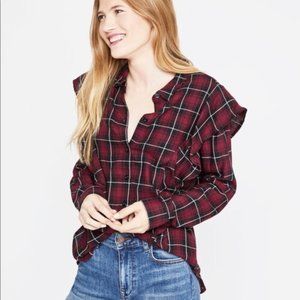 NWT BCBG Generation plaid, ruffled, button-up top